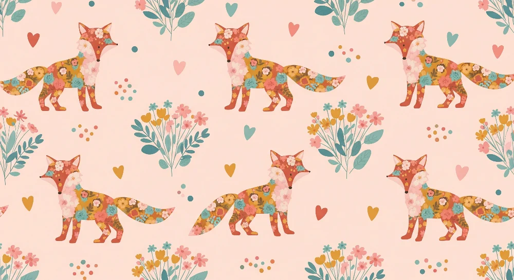 Barnetapet med blomster og rever på rosa bakgrunn