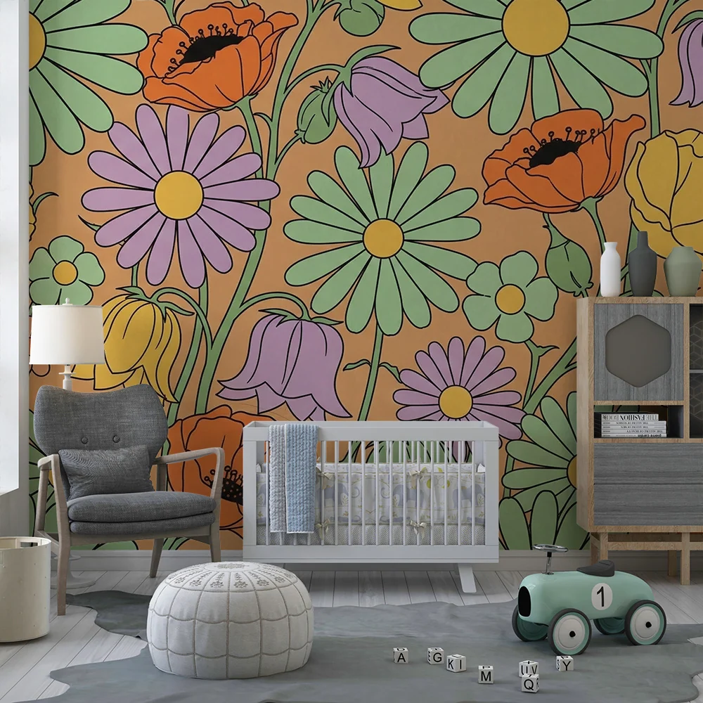 Barnetapet med fargerike blomster på oransje bunn