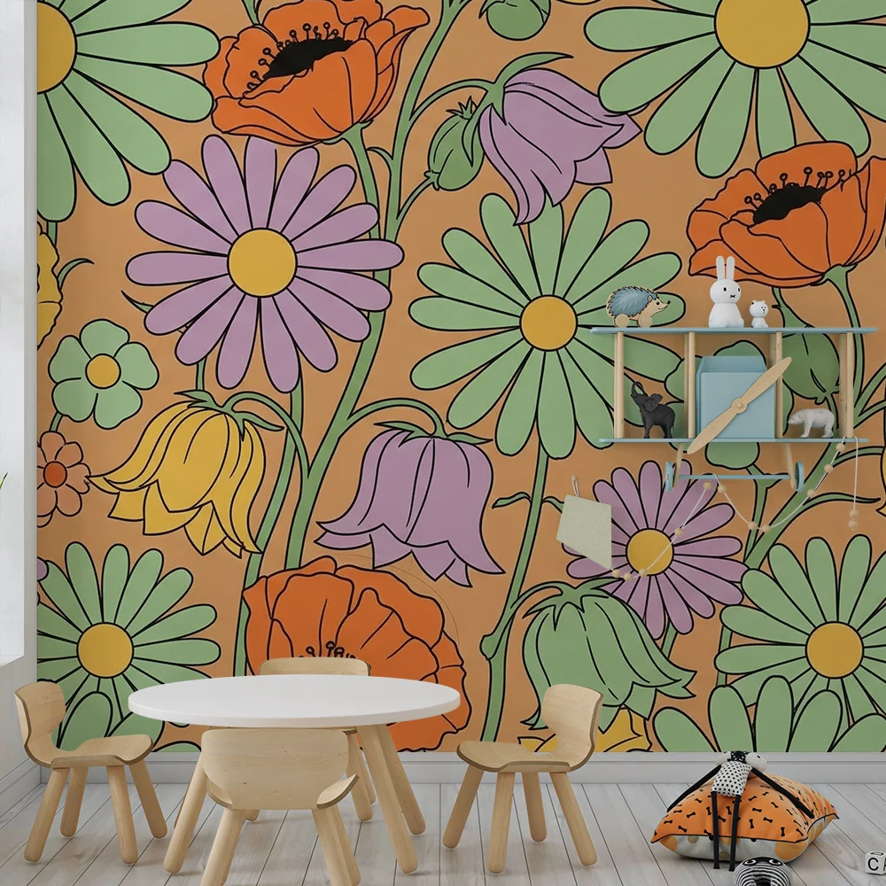 Barnetapet med fargerike blomster på oransje bunn
