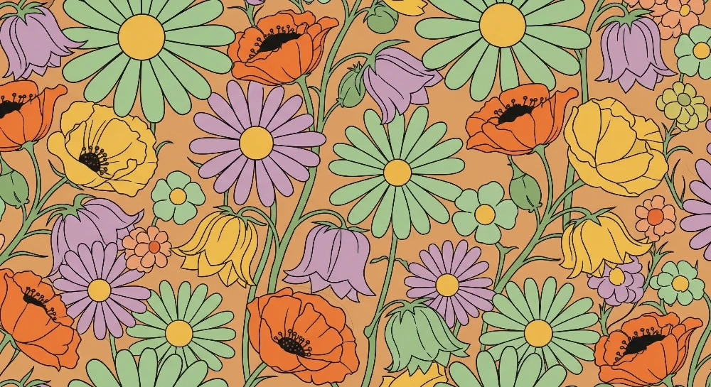 Barnetapet med fargerike blomster på oransje bunn