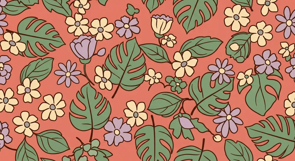 Barnetapet med fargerike blomstermotiver på korallfarget bakgrunn