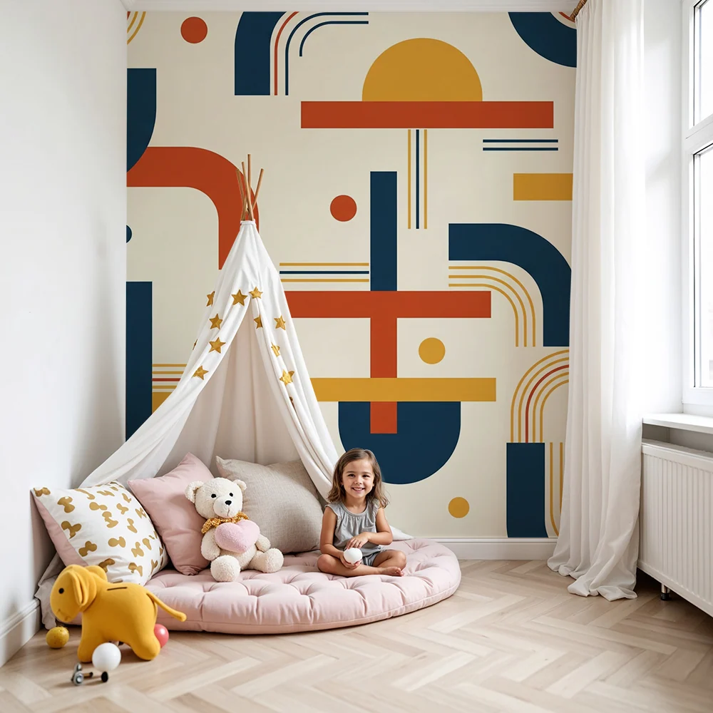 Barnetapet med fargerike geometriske mønstre og moderne former