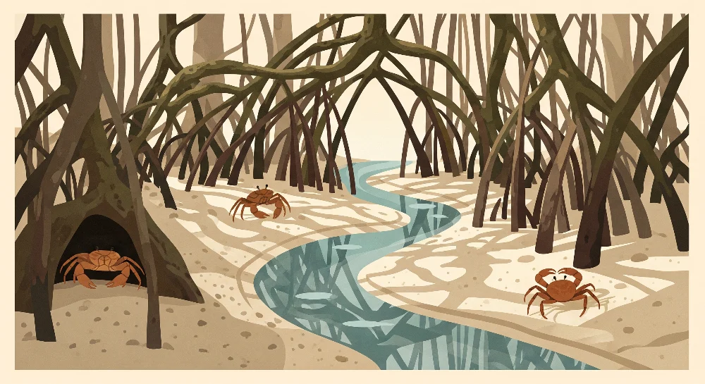 Barnetapet med krabber og mangroveskog