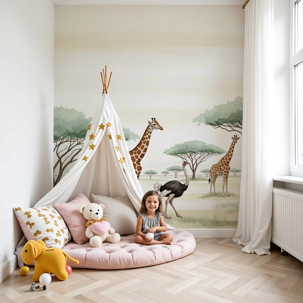 Barnetapet med majestetiske giraffer og strutser på savannen