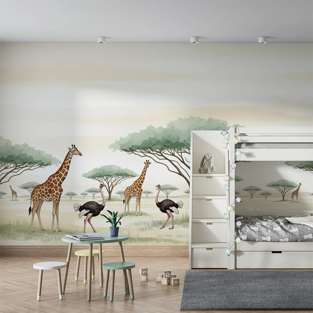 Barnetapet med majestetiske giraffer og strutser på savannen