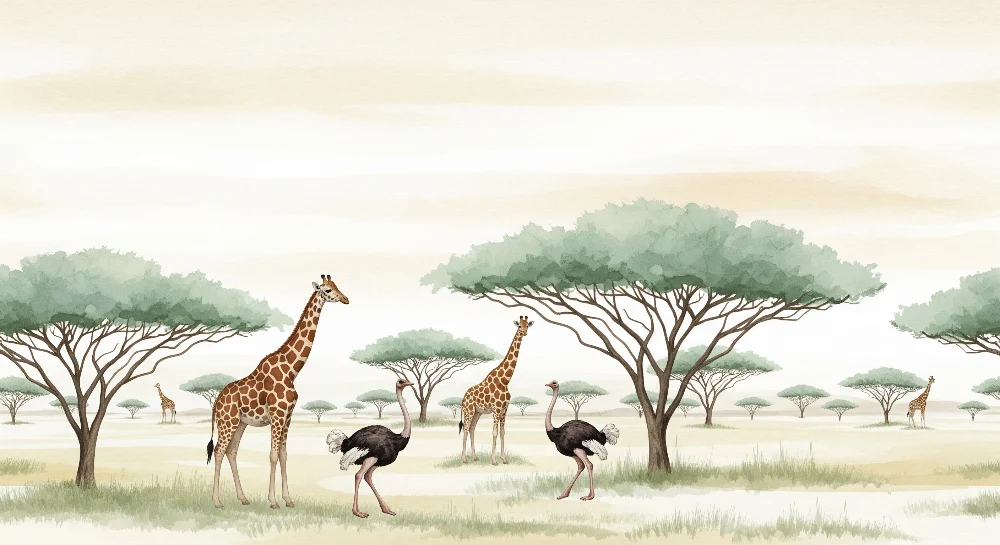 Barnetapet med majestetiske giraffer og strutser på savannen