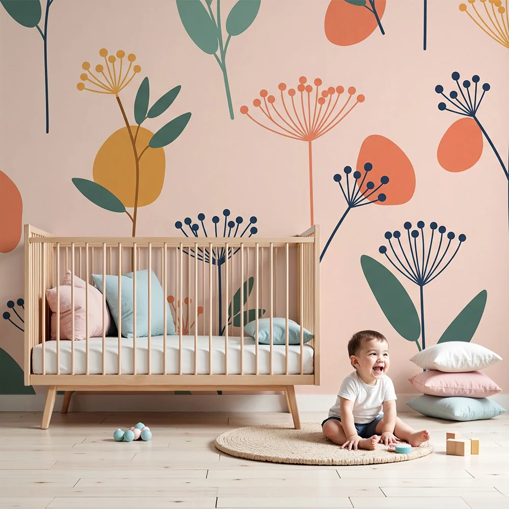 Barnetapet med moderne blomstermønstre på pastellfarge