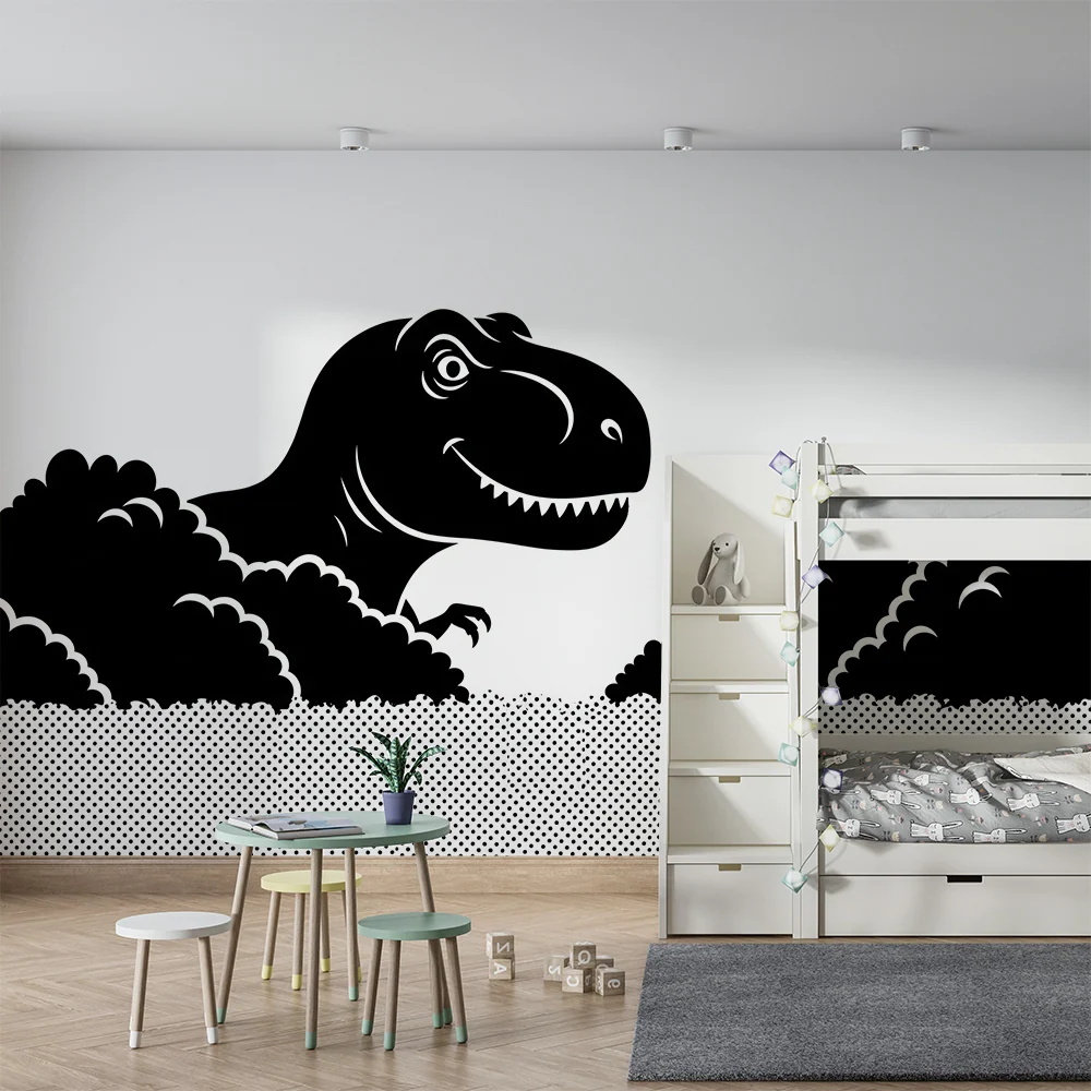 Barnetapet med morsom tyrannosaurus som titter frem fra skyene