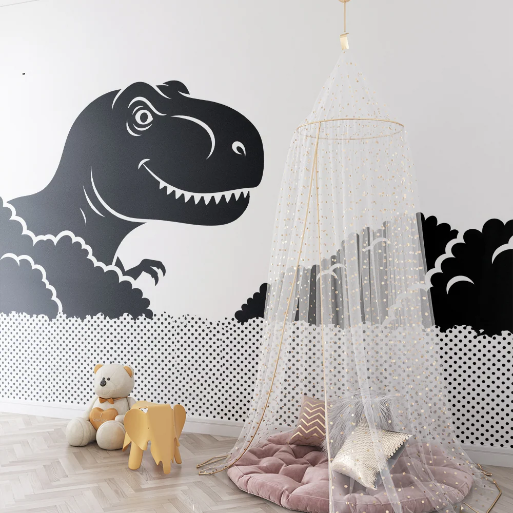 Barnetapet med morsom tyrannosaurus som titter frem fra skyene