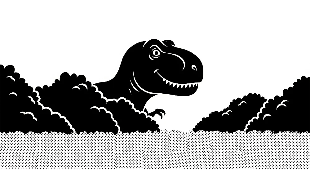 Barnetapet med morsom tyrannosaurus som titter frem fra skyene