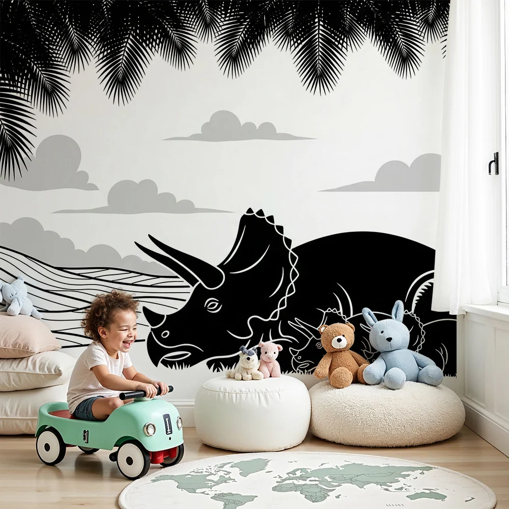 Barnetapet med triceratops og unger i et forhistorisk landskap