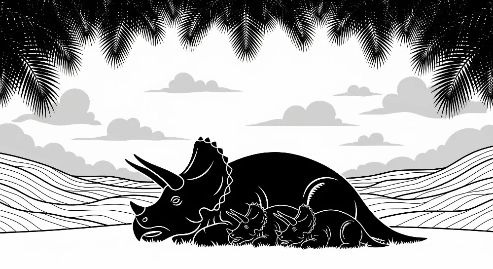 Barnetapet med triceratops og unger i et forhistorisk landskap
