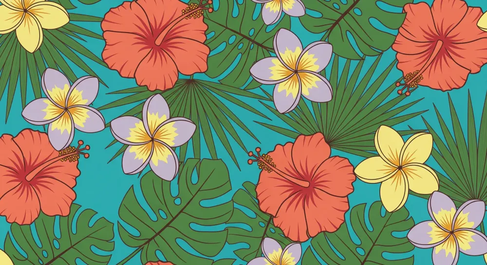 Barnetapet med tropiske blomster på turkis bakgrunn