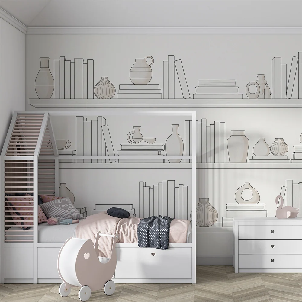 Barnetapet | Minimalistiske hyller med bøker og vaser