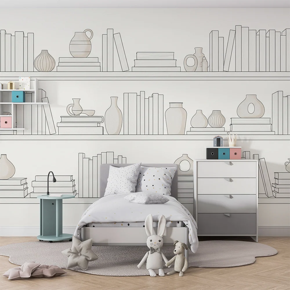 Barnetapet | Minimalistiske hyller med bøker og vaser