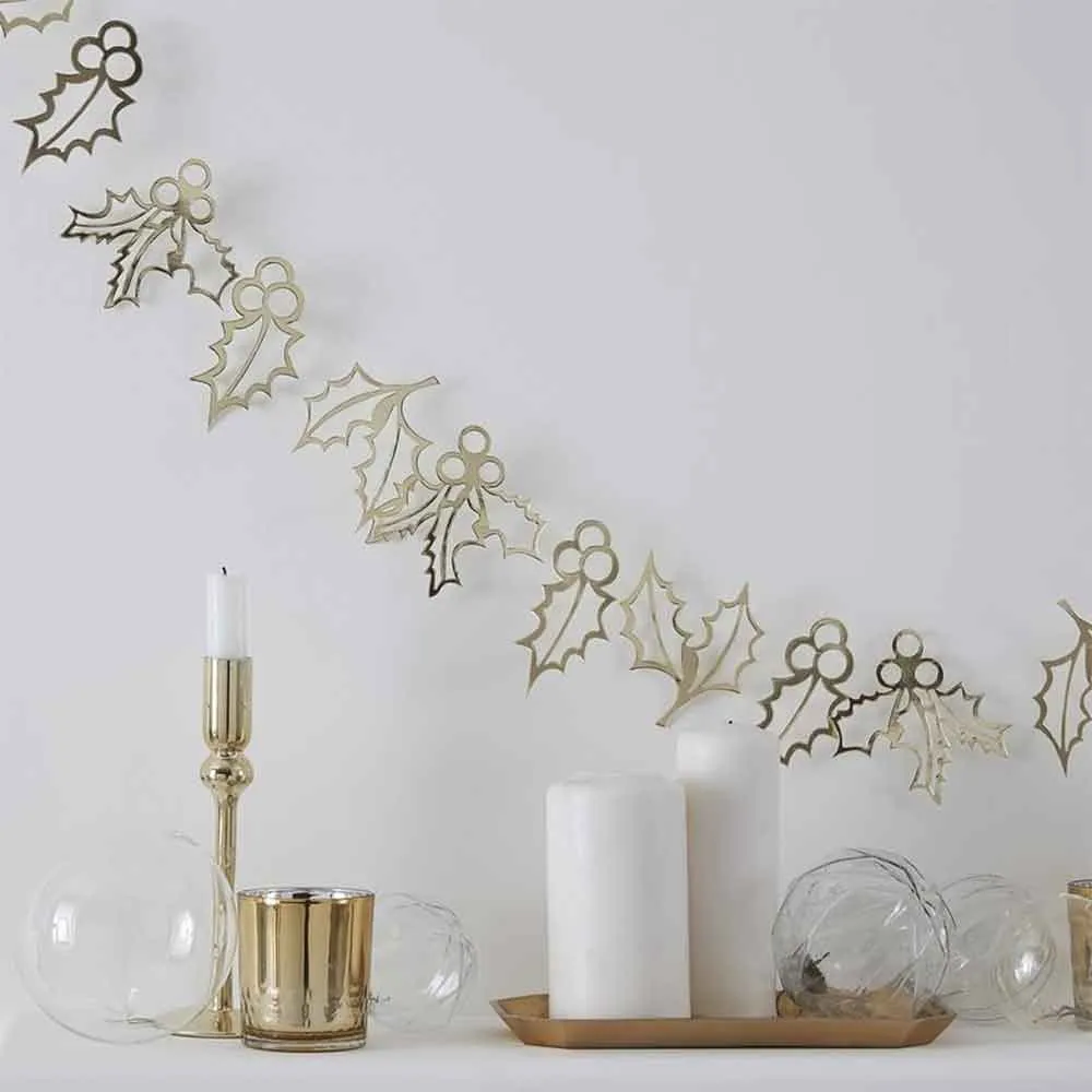 Gold Glitter Girlander Holly Christmas 2 m.