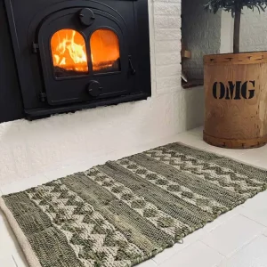 Gulvteppe i flettet skinn - Grønn mix 60x90 cm