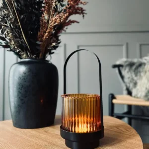 Lysestake / lanterne m. hank - Ravfarget glass