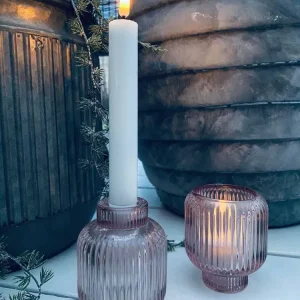 Lysestake til telys og kronelys - Rosa glass