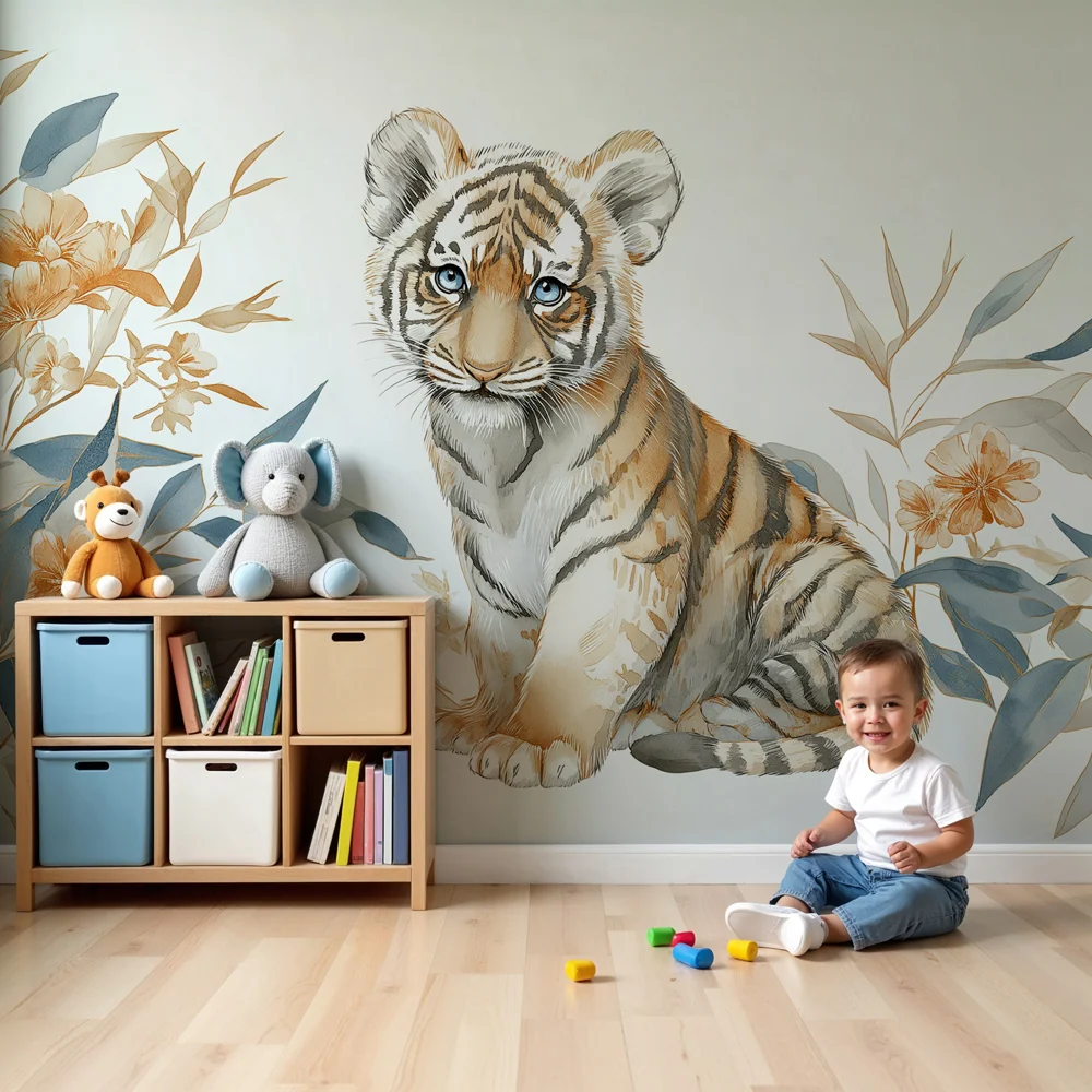 Tapet barnerom | Baby tiger og eksotiske blomster