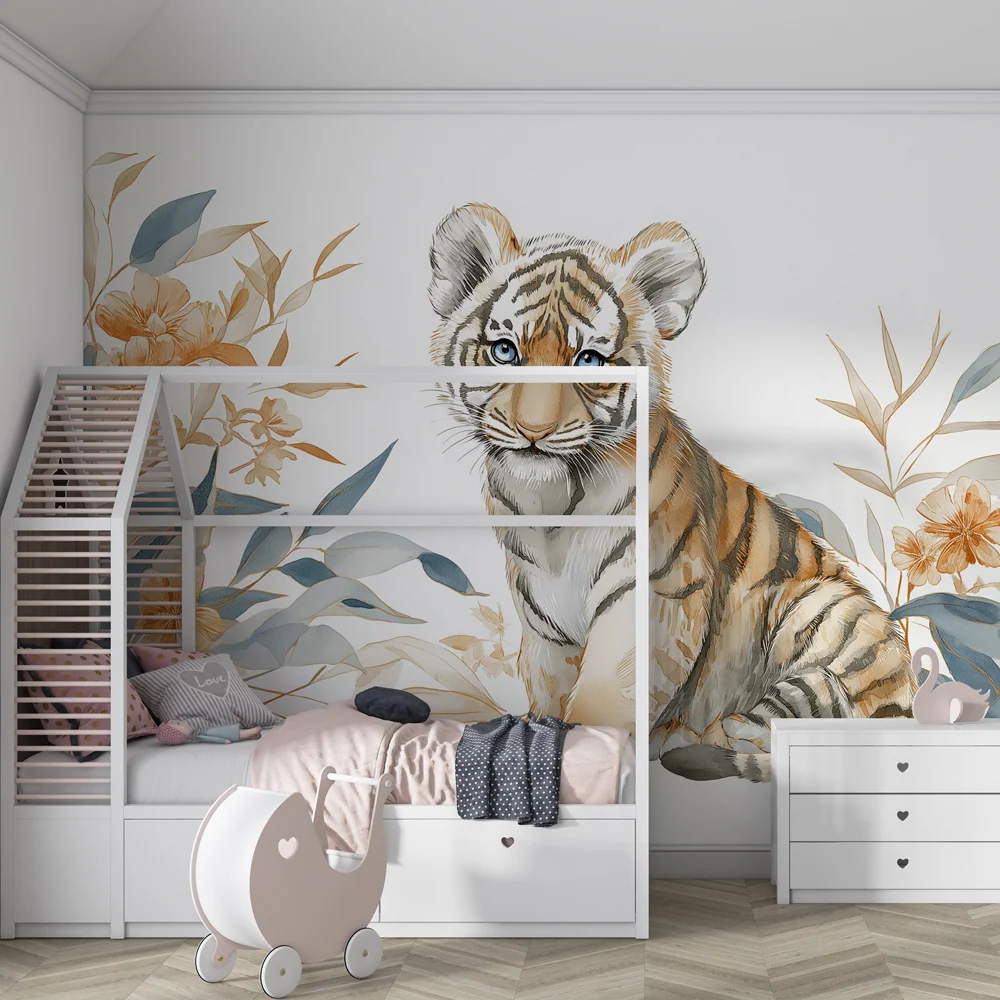 Tapet barnerom | Baby tiger og eksotiske blomster