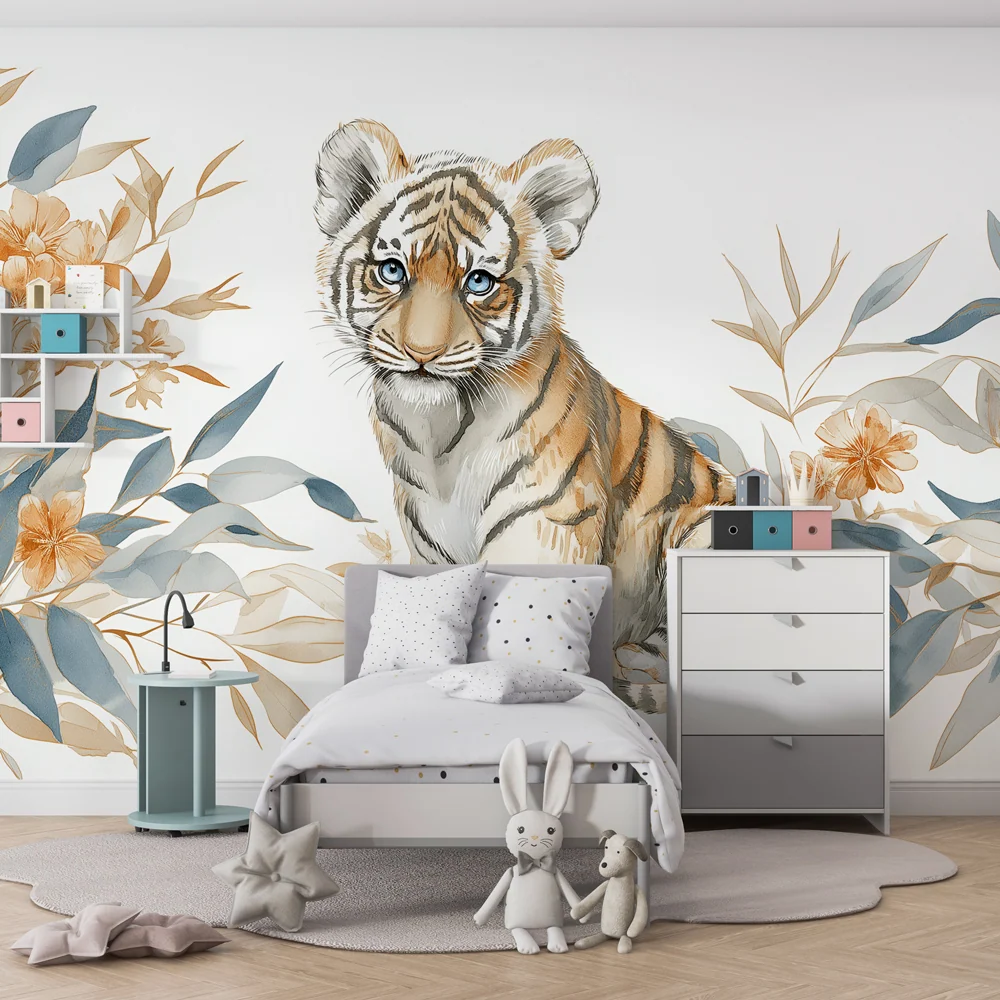 Tapet barnerom | Baby tiger og eksotiske blomster