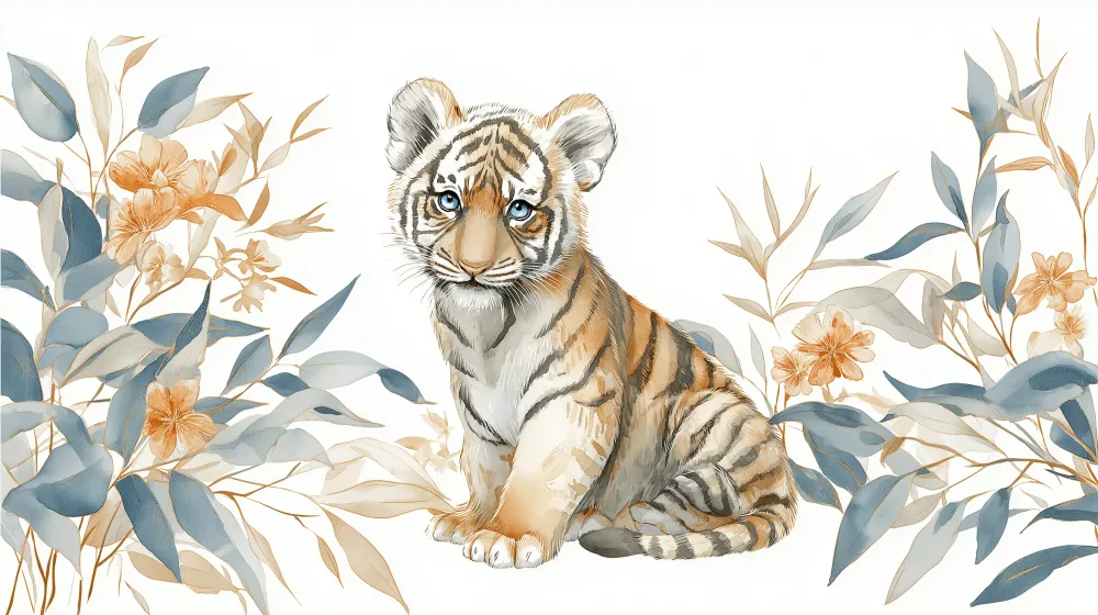 Tapet barnerom | Baby tiger og eksotiske blomster