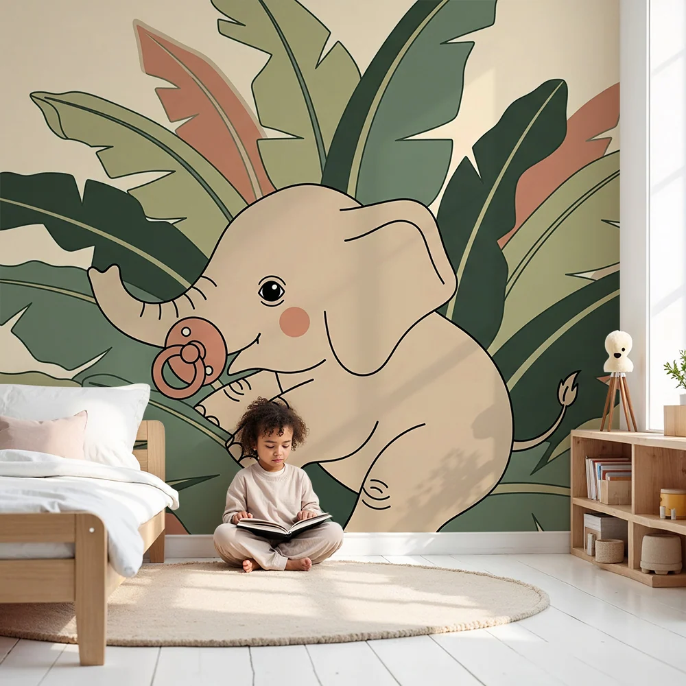 Tapet barnerom | Babyelefant midt i tropiske blader