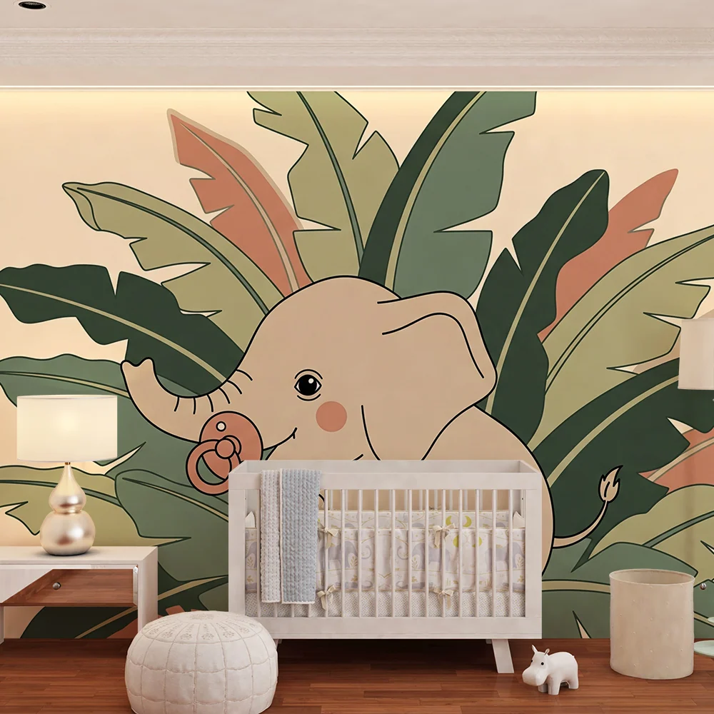 Tapet barnerom | Babyelefant midt i tropiske blader