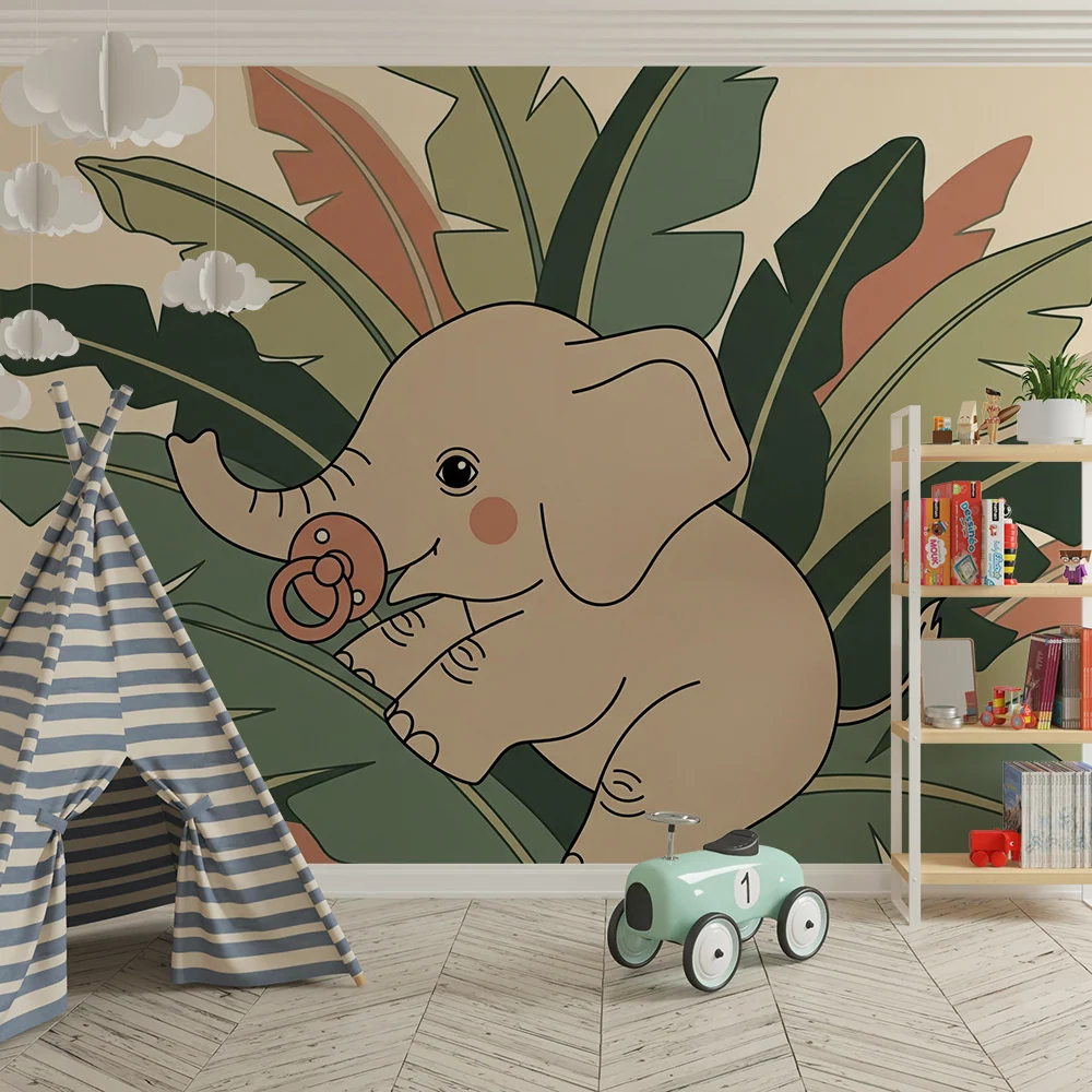 Tapet barnerom | Babyelefant midt i tropiske blader