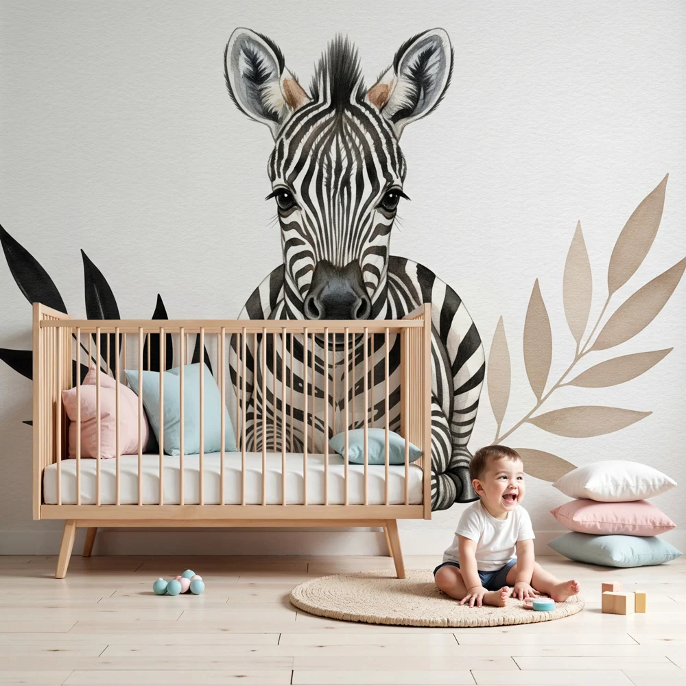 Tapet barnerom | Babysebra midt blant bladene