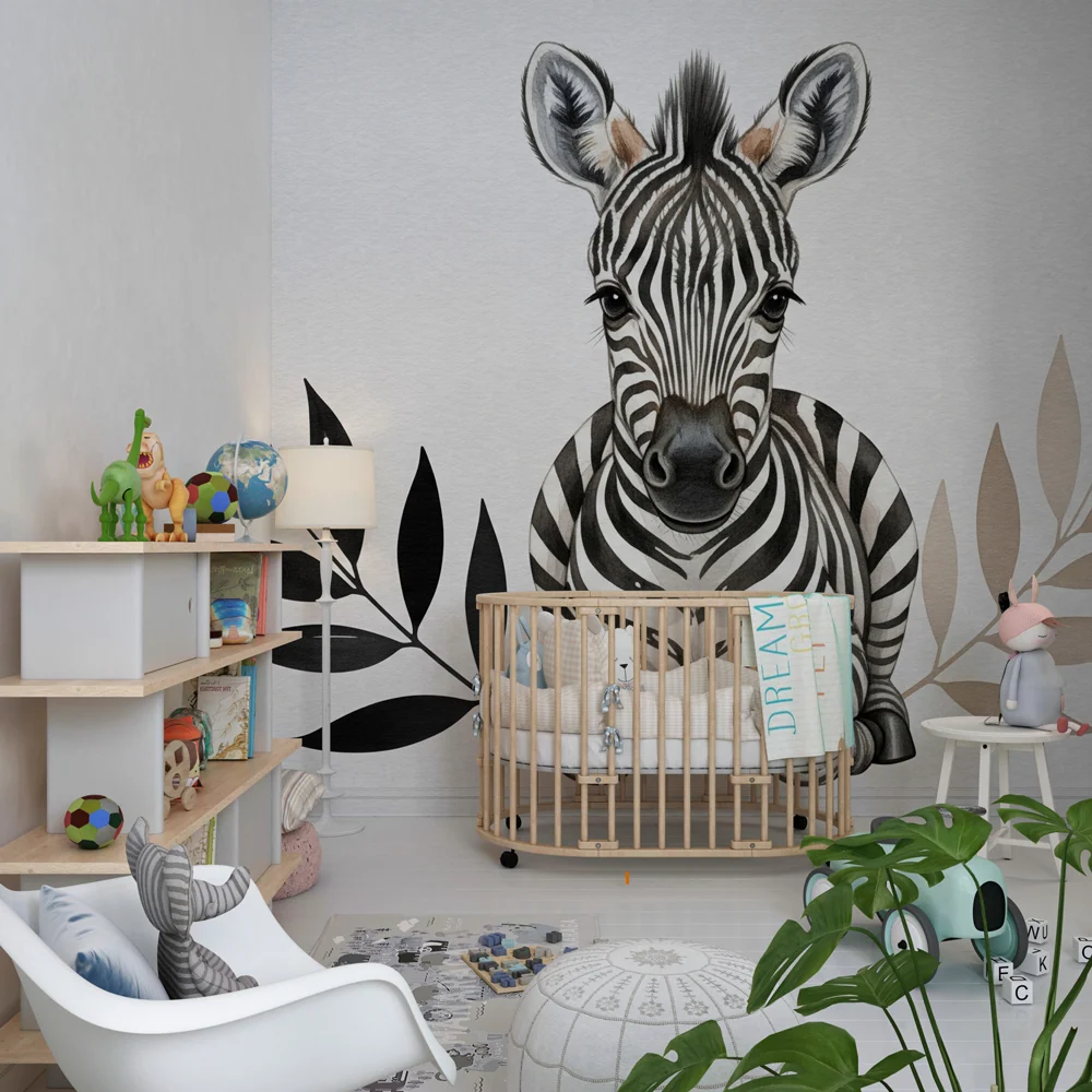 Tapet barnerom | Babysebra midt blant bladene