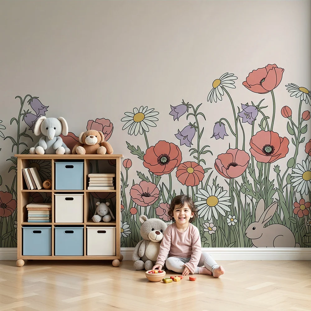 Tapet barnerom | Blomster og kaniner i en fortryllet hage