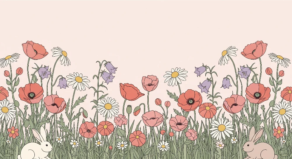 Tapet barnerom | Blomster og kaniner i en fortryllet hage