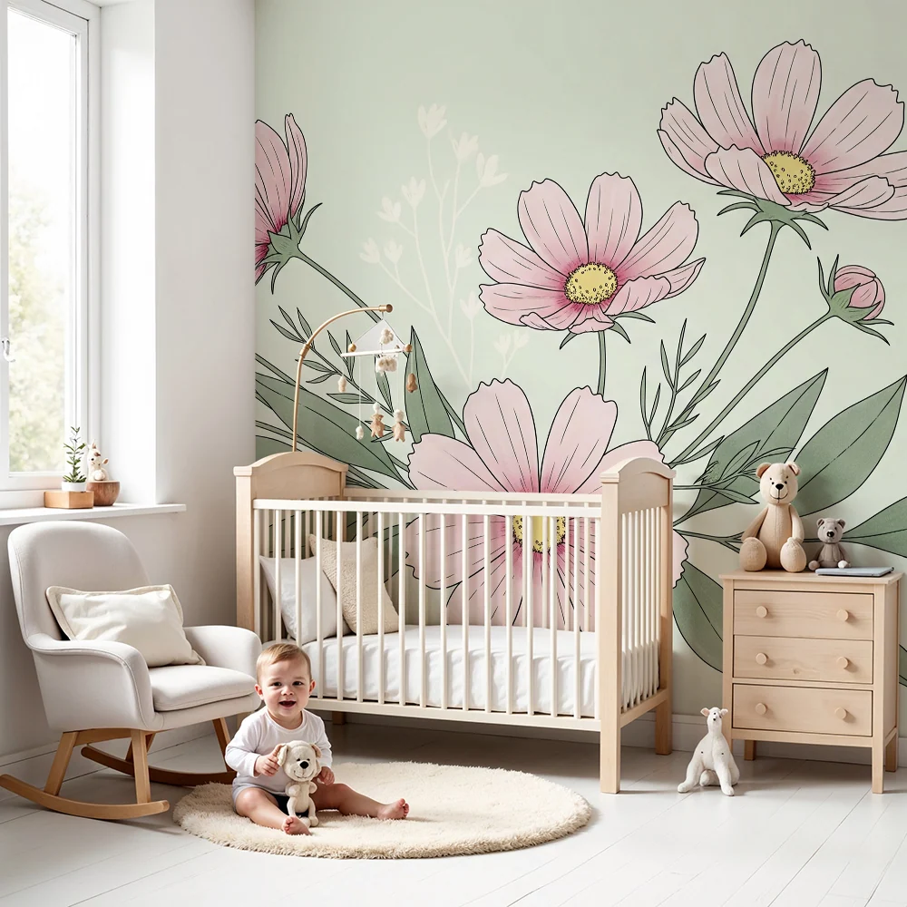 Tapet barnerom | Blomster og pastellgrønn bakgrunn