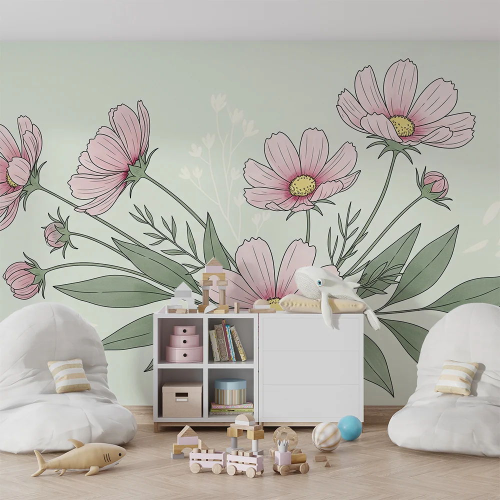 Tapet barnerom | Blomster og pastellgrønn bakgrunn