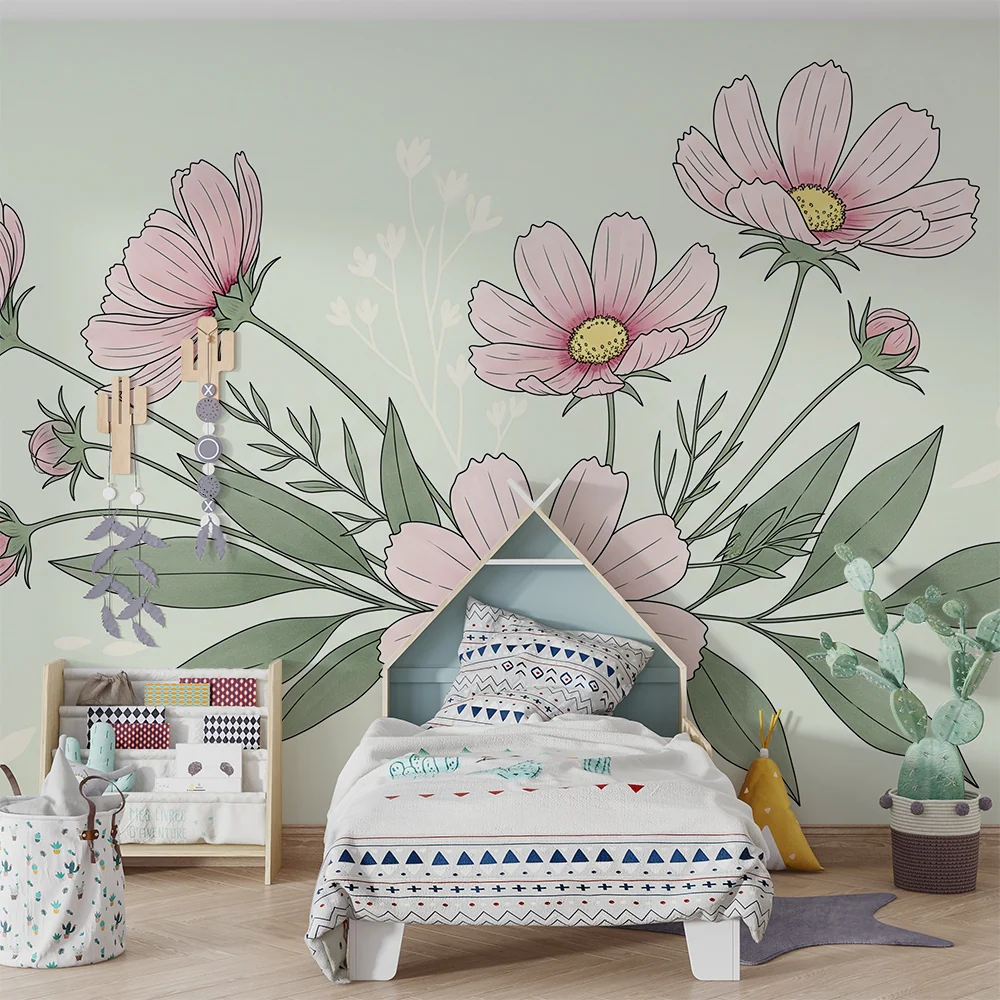 Tapet barnerom | Blomster og pastellgrønn bakgrunn