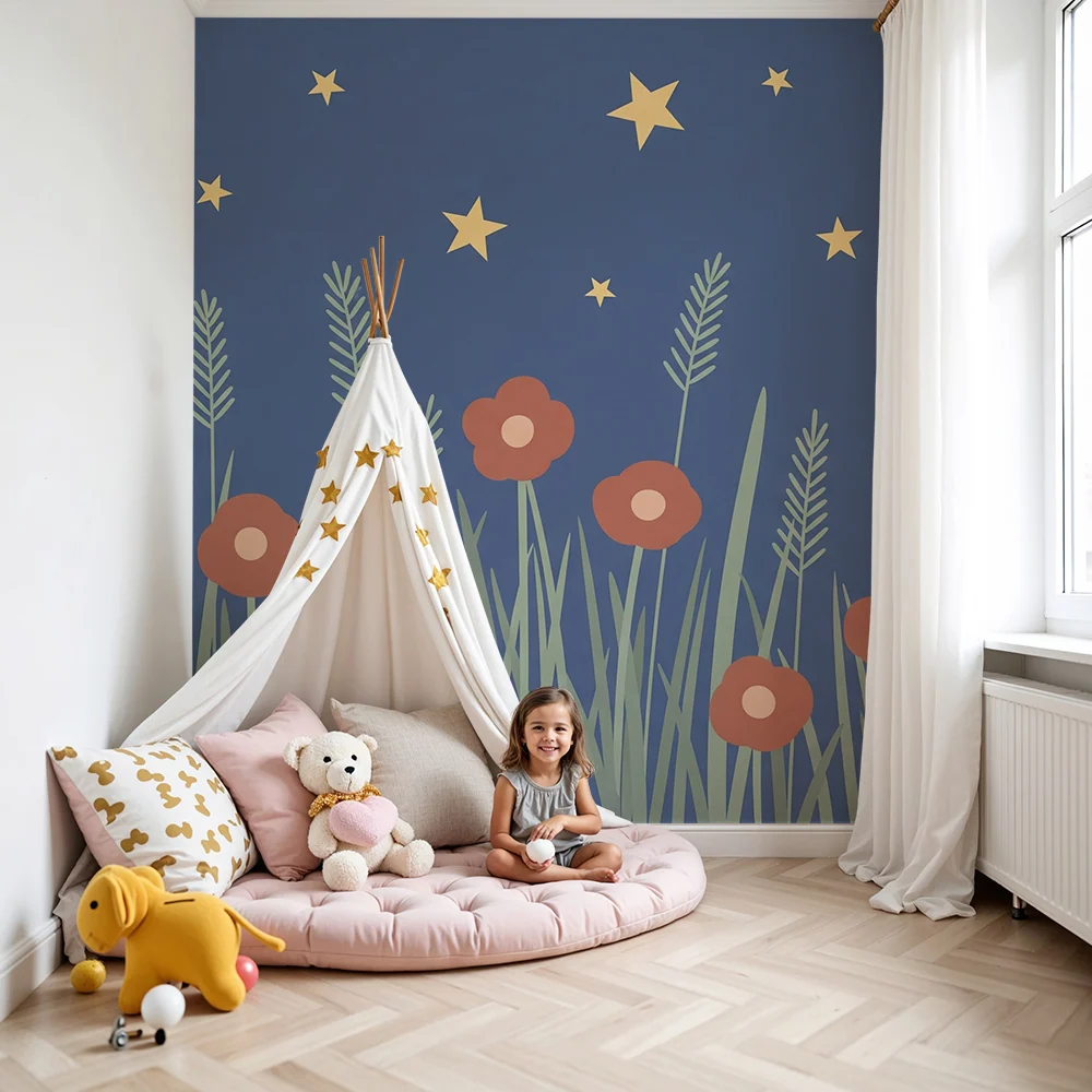 Tapet barnerom | Blomster og stjerner under en nattlig himmel