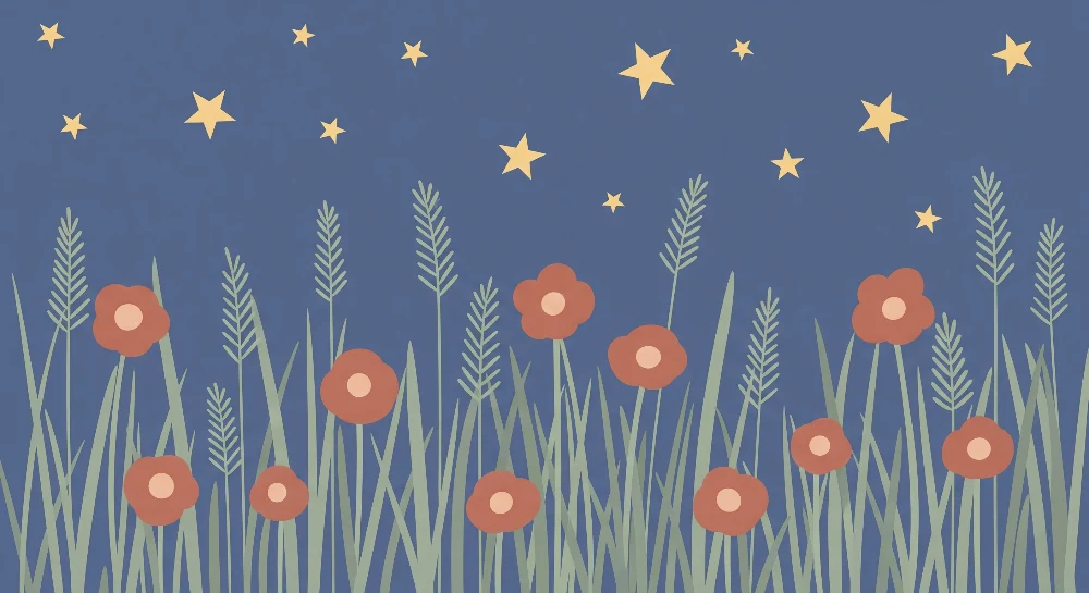 Tapet barnerom | Blomster og stjerner under en nattlig himmel