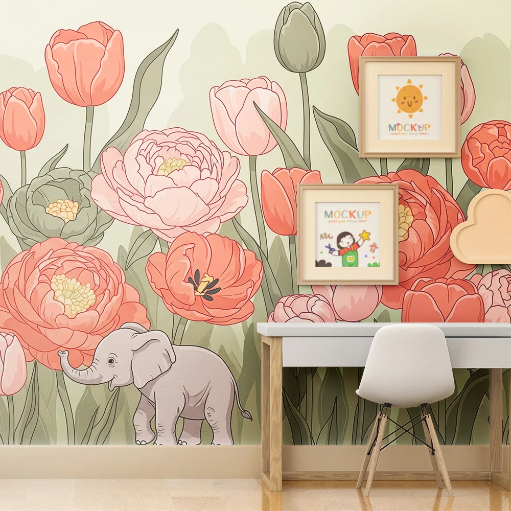 Tapet barnerom | Blomstrende eleganse og søt elefant