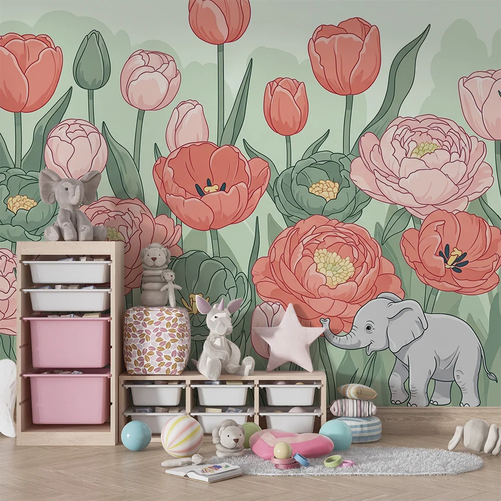 Tapet barnerom | Blomstrende eleganse og søt elefant