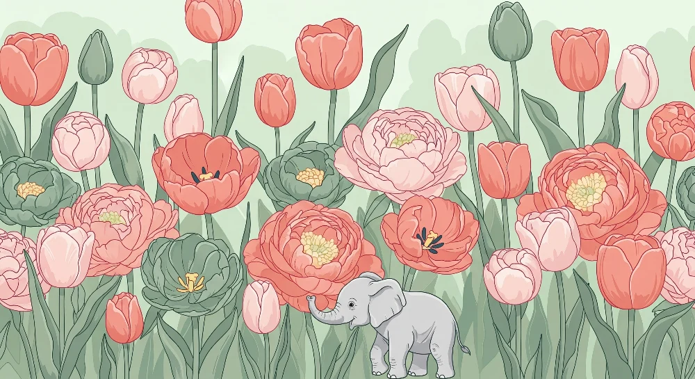Tapet barnerom | Blomstrende eleganse og søt elefant