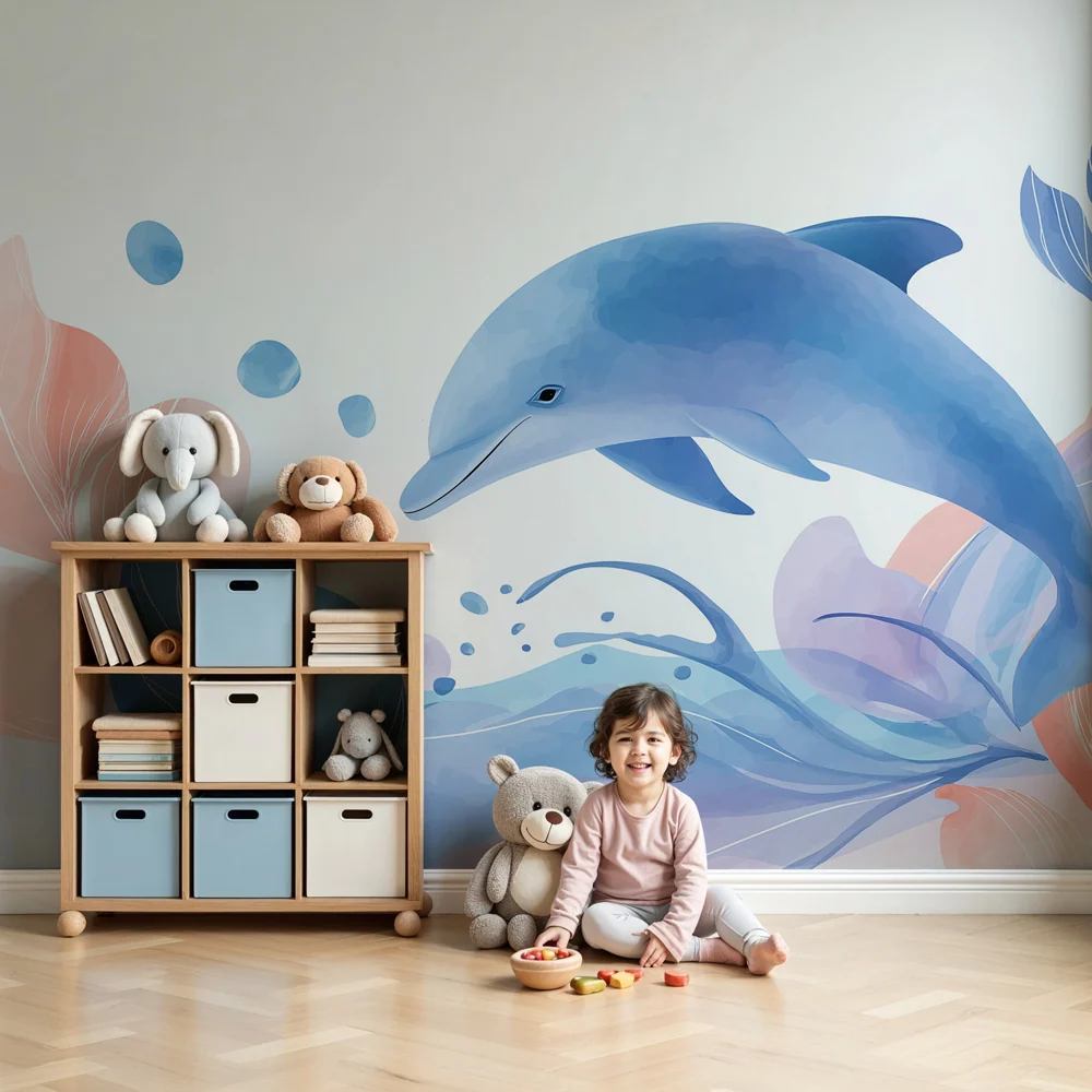Tapet barnerom | Delfin i en pastellfarget hav