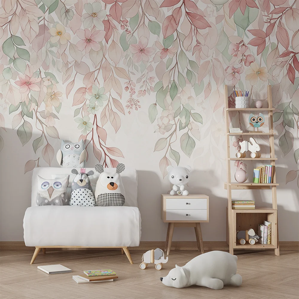 Tapet barnerom | Delikat løvverk og pastellblomster en myk atmosfære