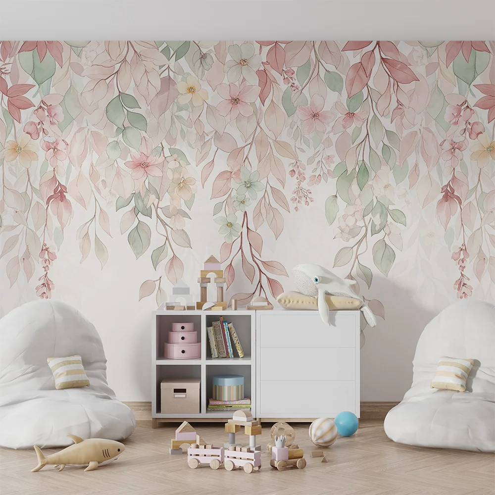 Tapet barnerom | Delikat løvverk og pastellblomster en myk atmosfære