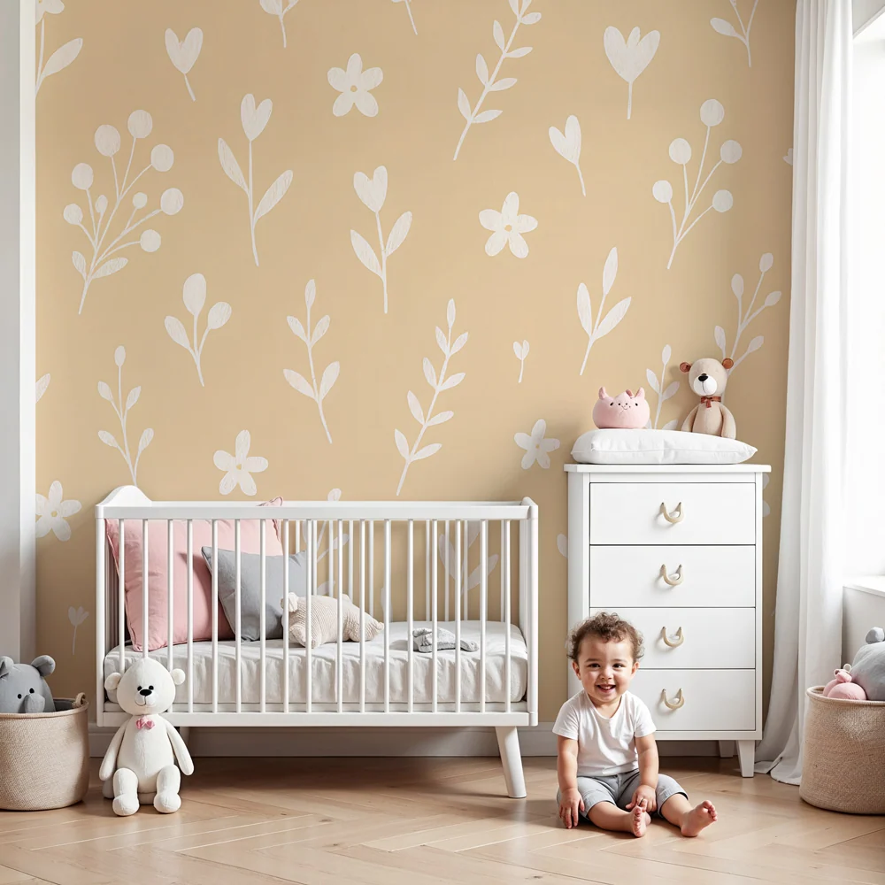 Tapet barnerom | Delikate blomster på beige bakgrunn