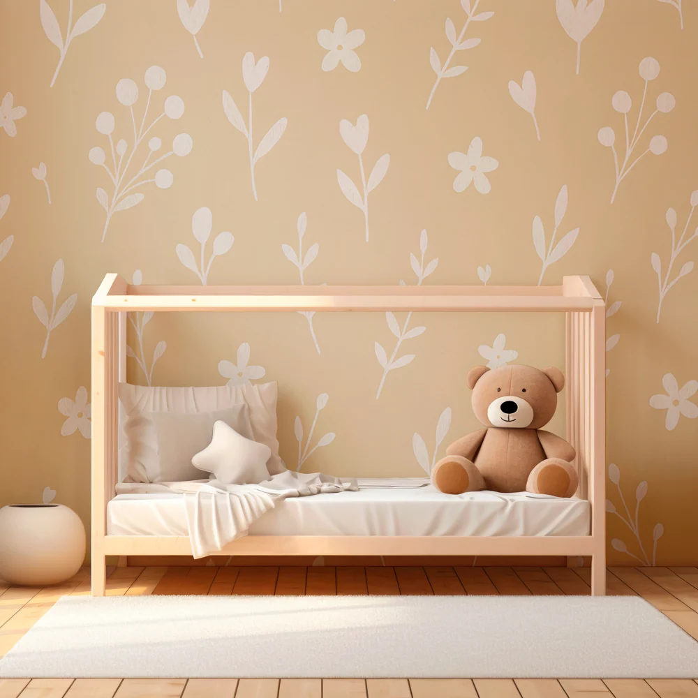 Tapet barnerom | Delikate blomster på beige bakgrunn