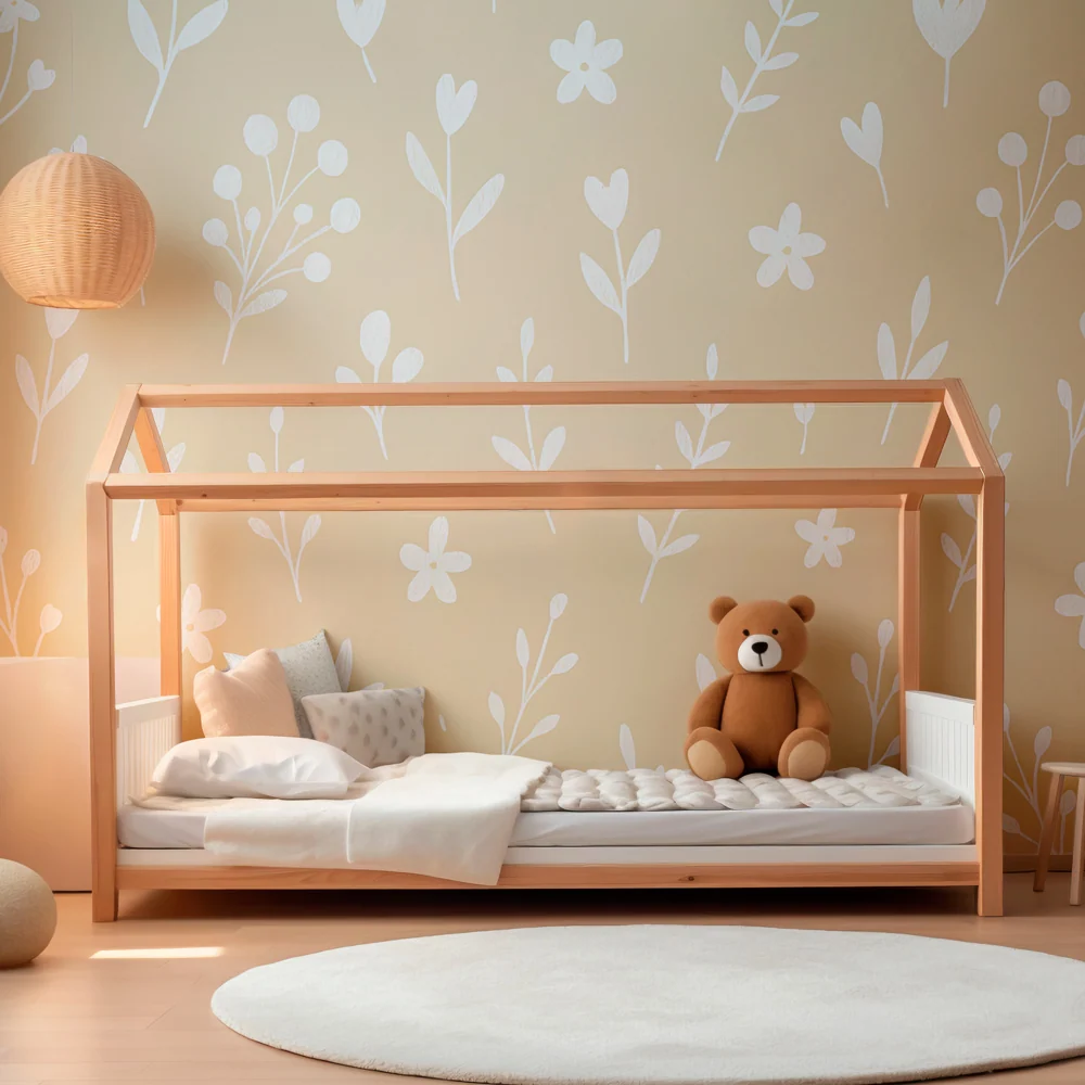 Tapet barnerom | Delikate blomster på beige bakgrunn