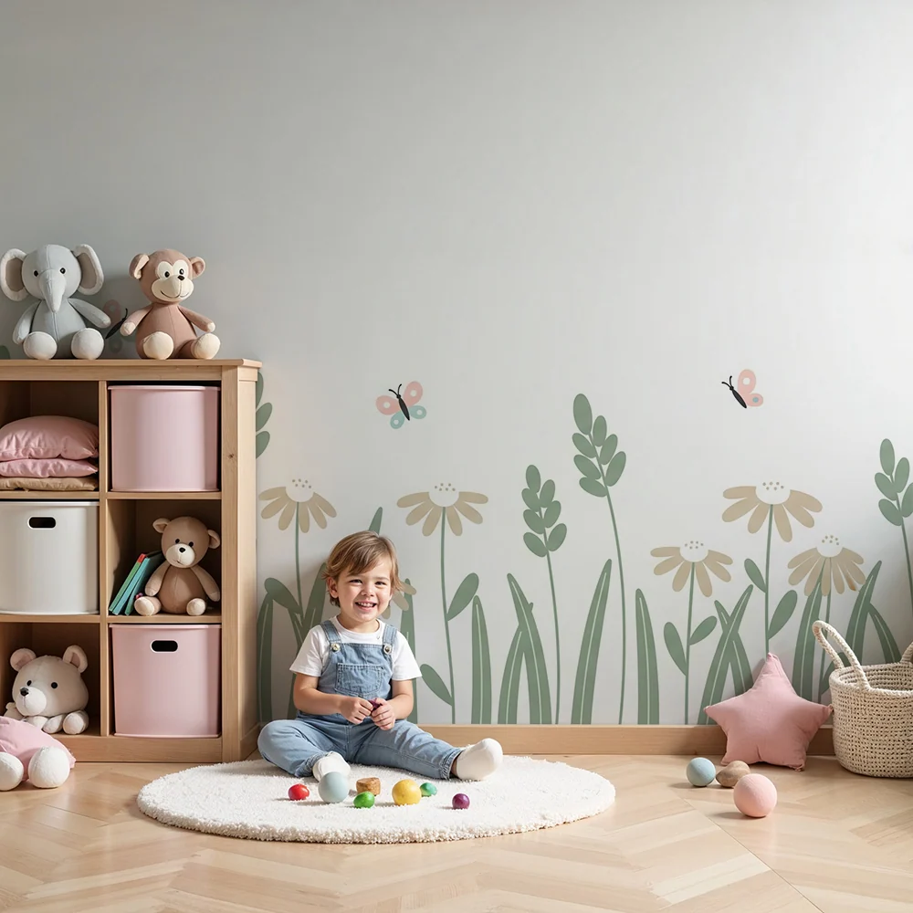Tapet barnerom | Delikate blomster og fargerike sommerfugler