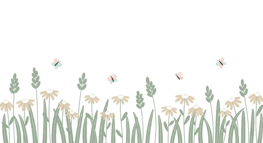 Tapet barnerom | Delikate blomster og fargerike sommerfugler